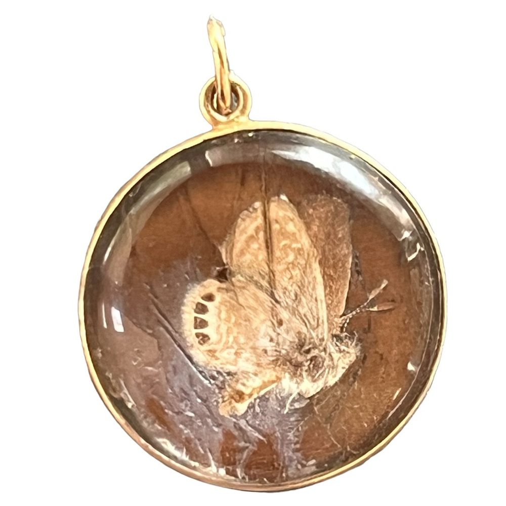 14k gold Antique Double sided Butterfly wing Pendant w glass iridescent circle